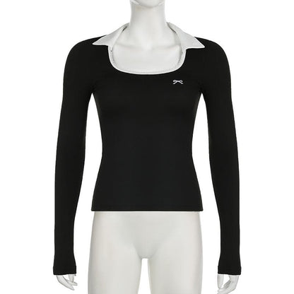 Long sleeve turnover collar bowknot embroidery top