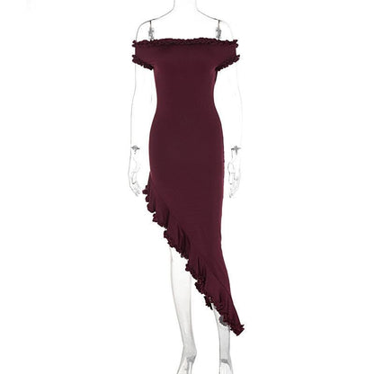 Short sleeve off shoulder ruffle irregular midi dress