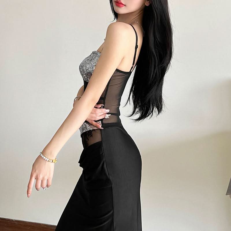 Glitter v neck mesh backless cami top