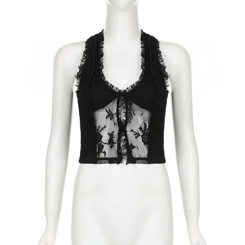 U neck lace ruffle hollow out tank cut out top