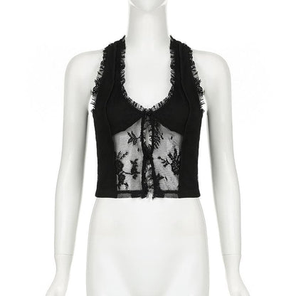 U neck lace ruffle hollow out tank cut out top