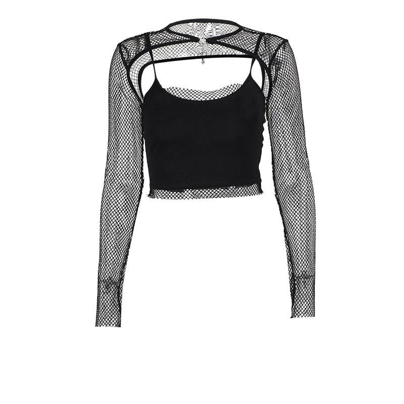 Long sleeve fishnet shrug cross applique 2 piece top