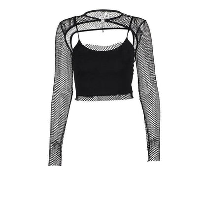 Long sleeve fishnet shrug cross applique 2 piece top