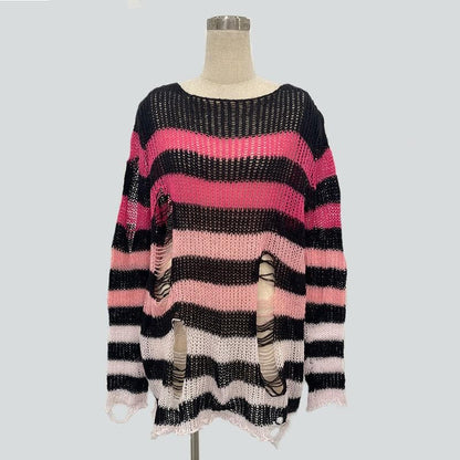 Gradient hollow out contrast striped long sleeve crochet cut out top
