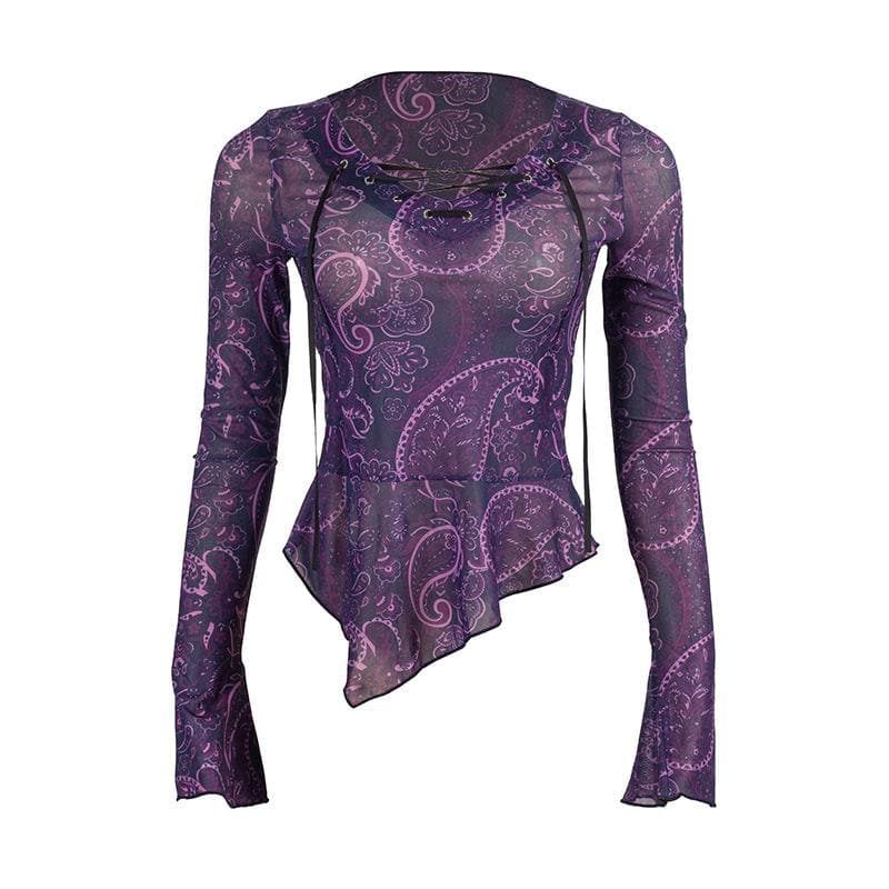 Long flared sleeve print lace up irregular sheer mesh ruffle top