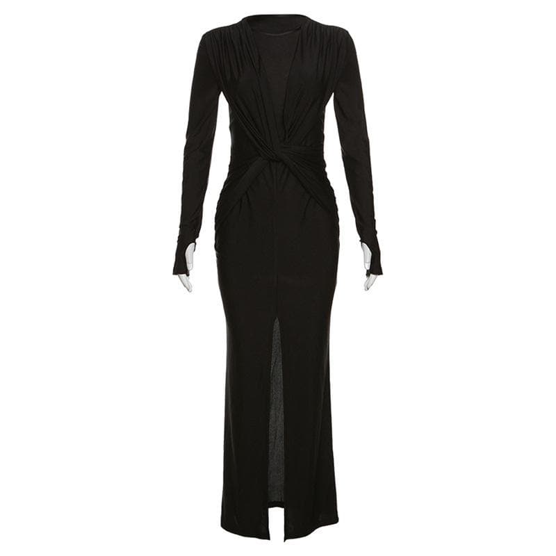 Knotted slit solid long sleeve ruched maxi dress