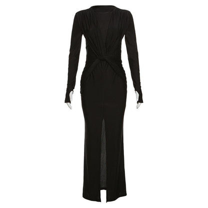 Knotted slit solid long sleeve ruched maxi dress
