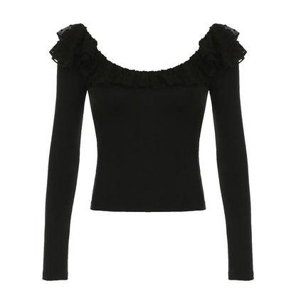 Long sleeve ruffle mesh patchwork top