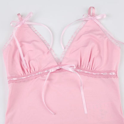 Ribbon bowknot lace hem v neck cami top