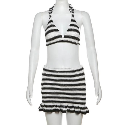 Halter v neck striped knitted ruffle mini skirt set