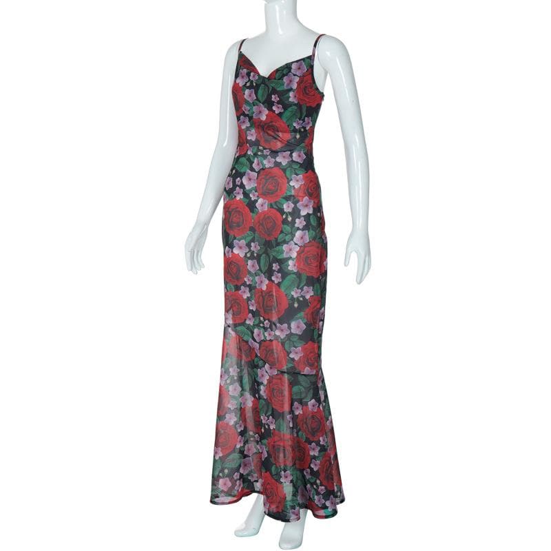 Cowl neck flower print zip-up contrast backless cami maxi dress
