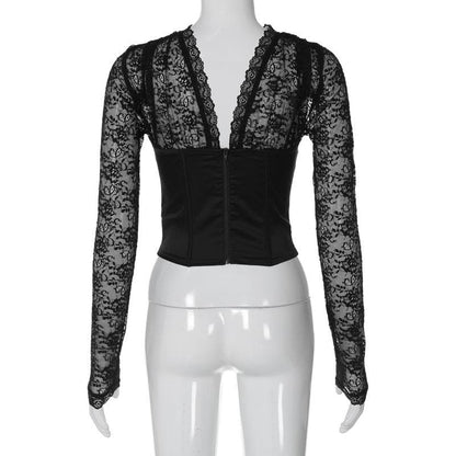 Long sleeve lace zip-up solid backless bustier patchwork top