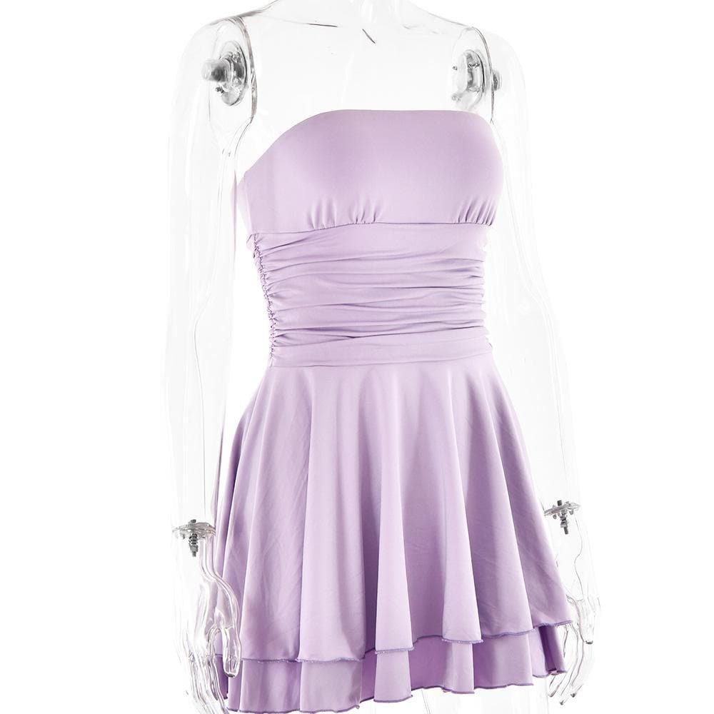 Ruched backless solid ruffle tube mini dress