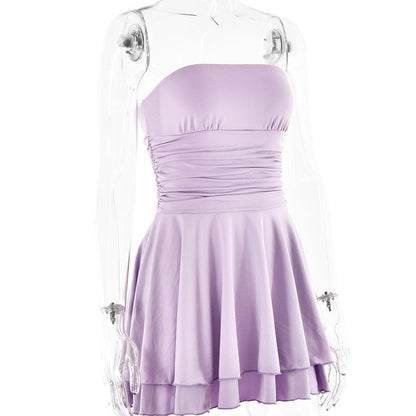 Ruched backless solid ruffle tube mini dress