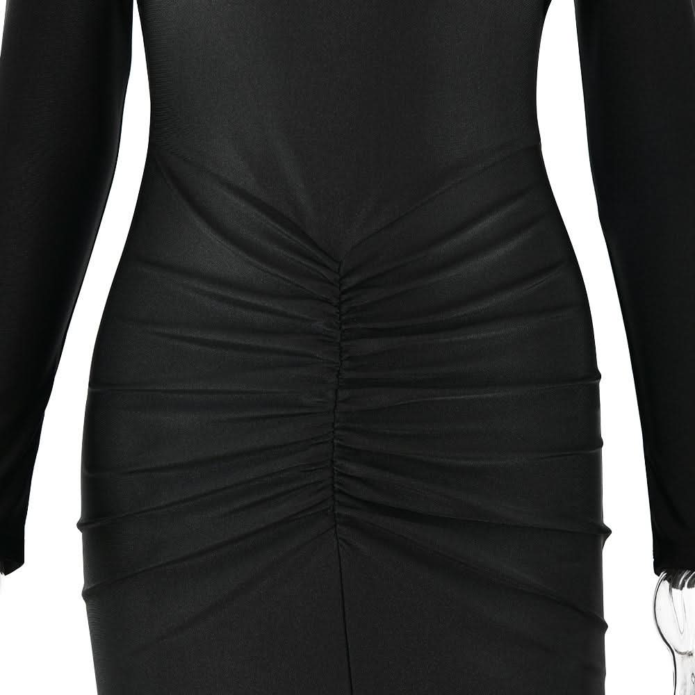 Hollow out long sleeve ruched slit solid cut out midi dress