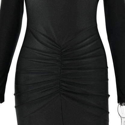 Hollow out long sleeve ruched slit solid cut out midi dress