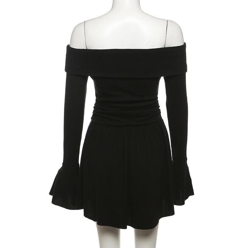 Flower applique off shoulder long flared sleeve slit mini dress