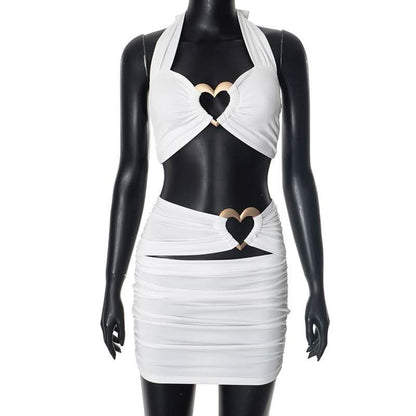 Halter hollow out sweetheart ring mini skirt set