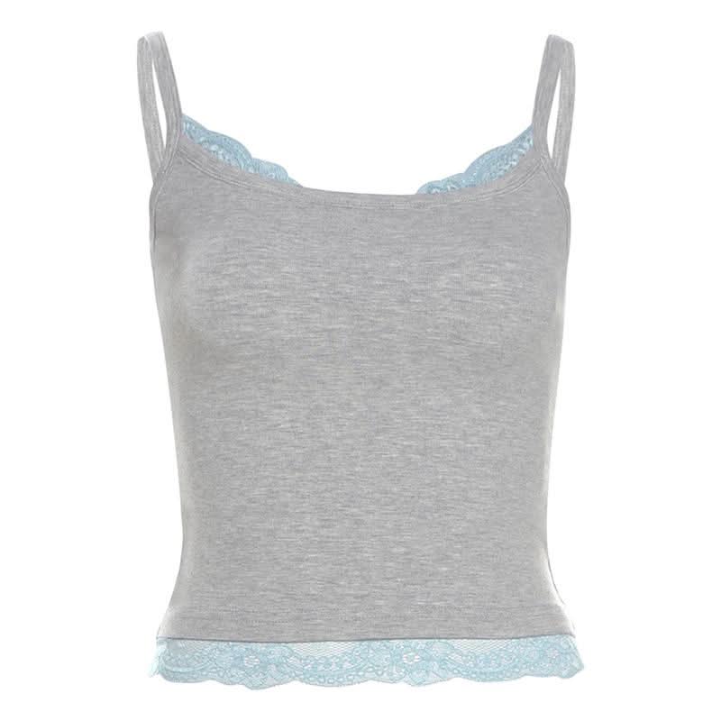 Lace hem u neck patchwork contrast cami top