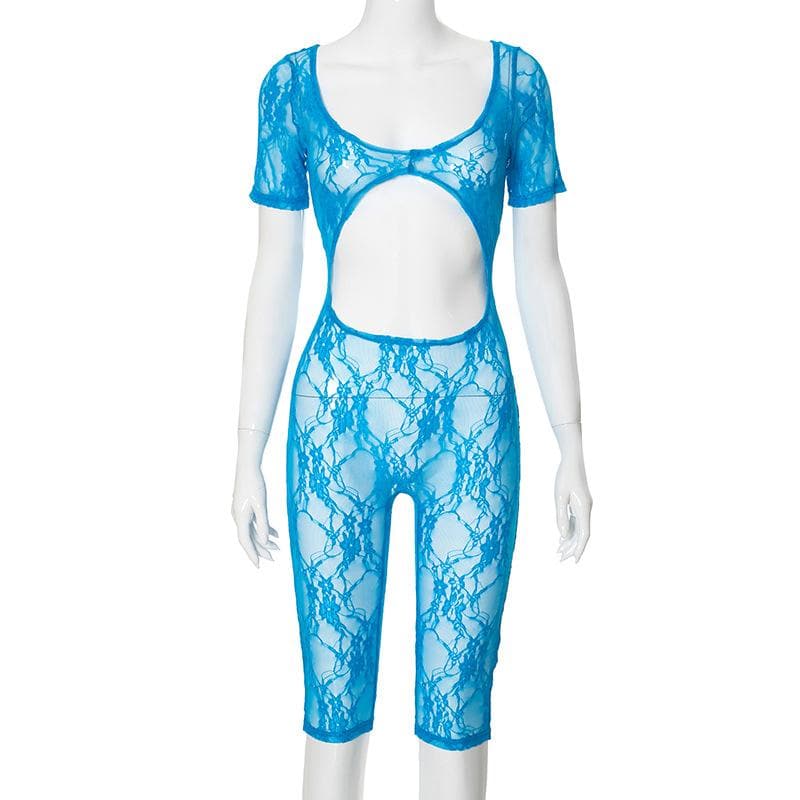 Short sleeve lace see through backless romper