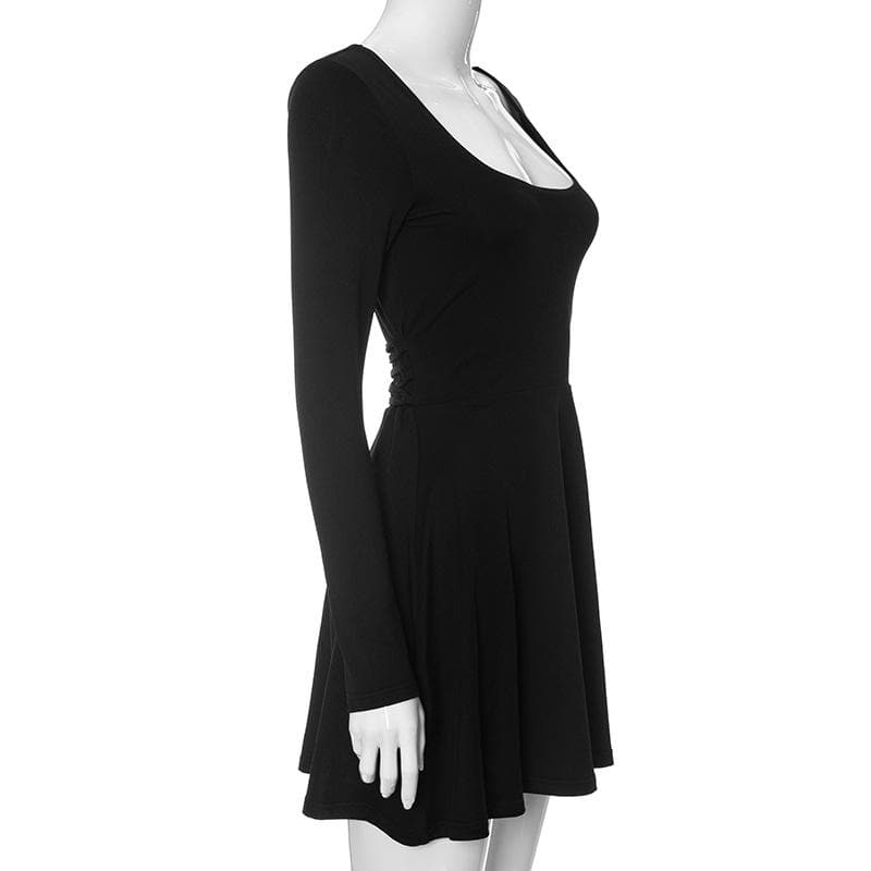 Square Neck Long Sleeve Lace Up Flared Skater Mini Dress
