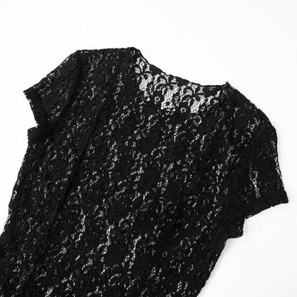 Short sleeve lace ruffle high slit mini dress