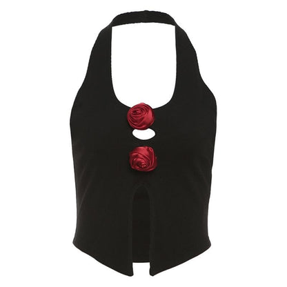 Halter u neck flower applique hollow out crop cut out top