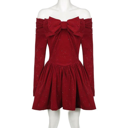 Off shoulder long sleeve beaded bowknot mini dress