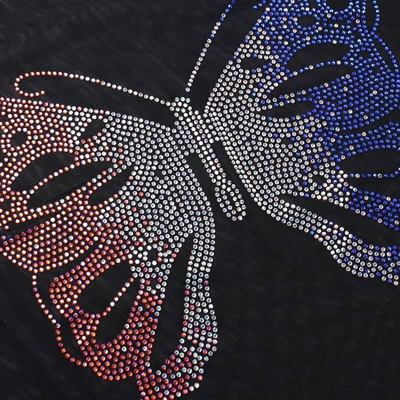 Round neck short sleeve butterfly pattern beaded crop top