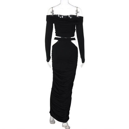 Off shoulder long sleeve hollow out cut out maxi dress