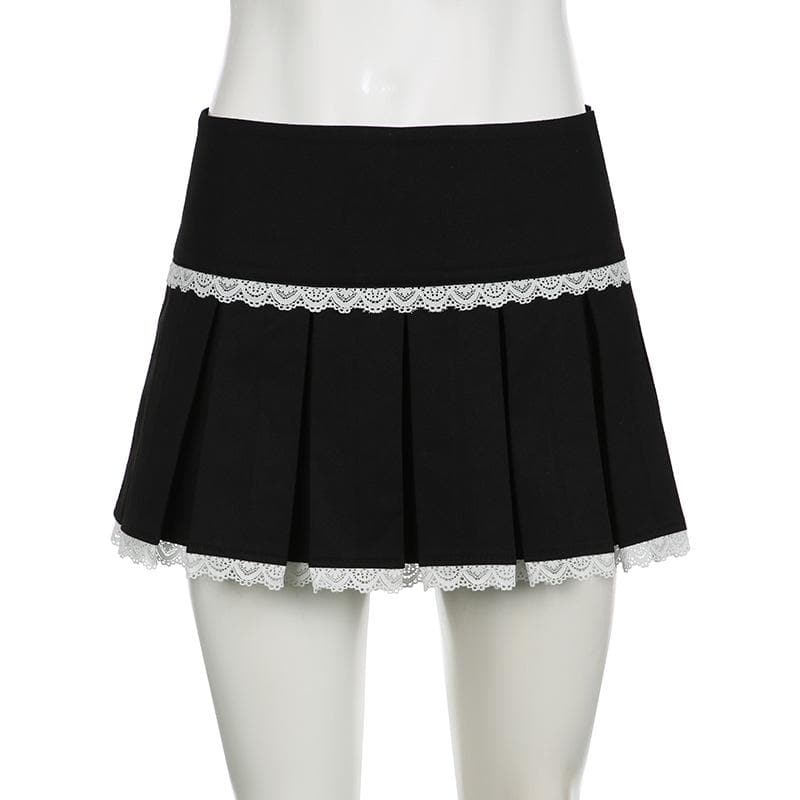 Lace hem pleated zip-up mini skirt