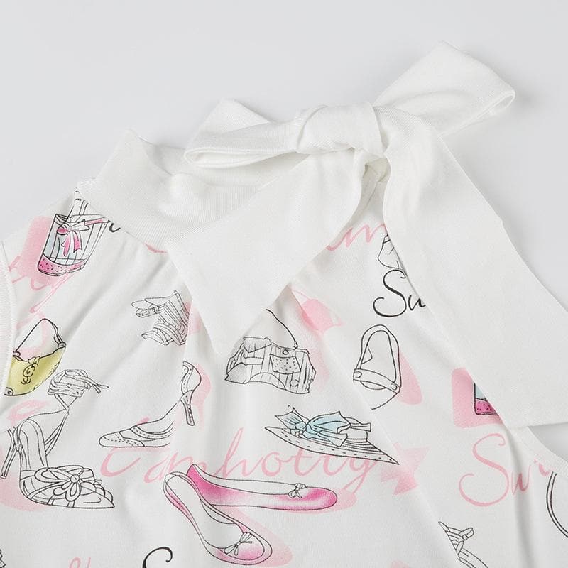 Sleeveless bowknot print crop top