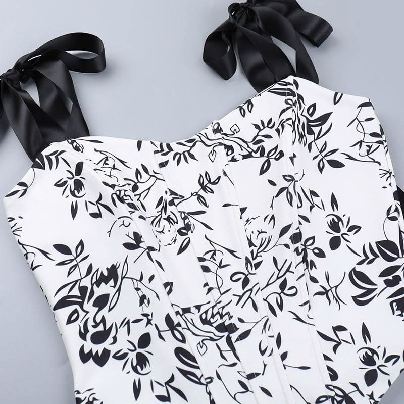 Self tie u neck ribbon print contrast cami top