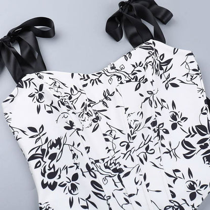 Self tie u neck ribbon print contrast cami top