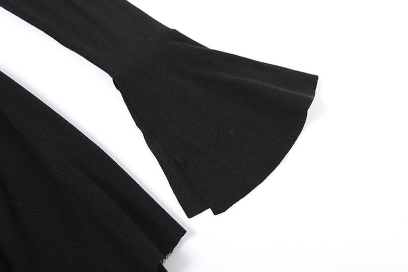 Flower applique off shoulder long flared sleeve slit mini dress