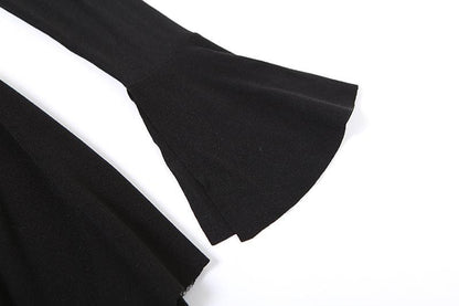 Flower applique off shoulder long flared sleeve slit mini dress