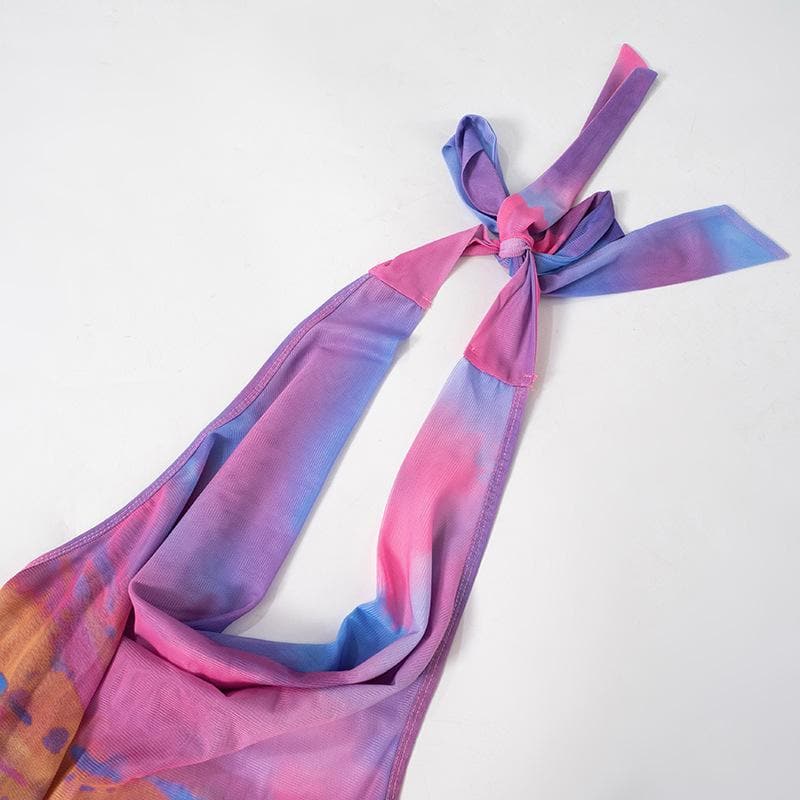 Halter cowl neck gradient print self tie top