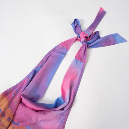 Halter cowl neck gradient print self tie top