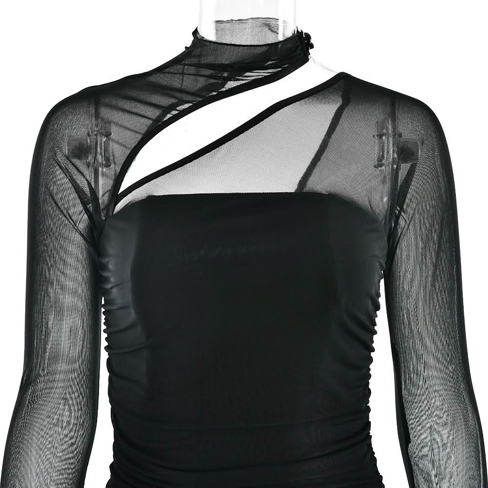 Long sleeve mesh ruched maxi dress