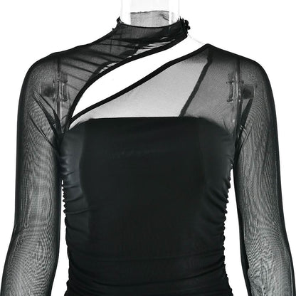 Long sleeve mesh ruched maxi dress