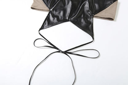 Halter PU leather star pattern backless crop top