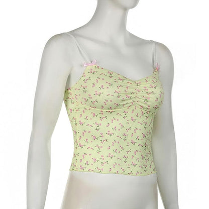 Bowknot flower print ruched ruffle cami top