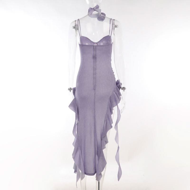 Sweetheart neck ruffle flower applique slit cami midi dress