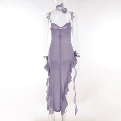 Sweetheart neck ruffle flower applique slit cami midi dress