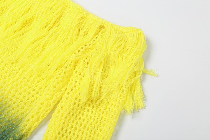 Crochet tassels off shoulder contrast long sleeve maxi dress-final-sale