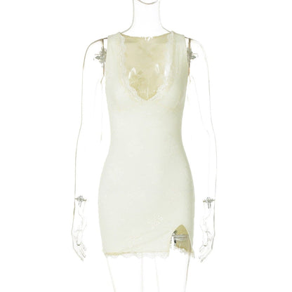 V neck sleeveless lace slit mini dress