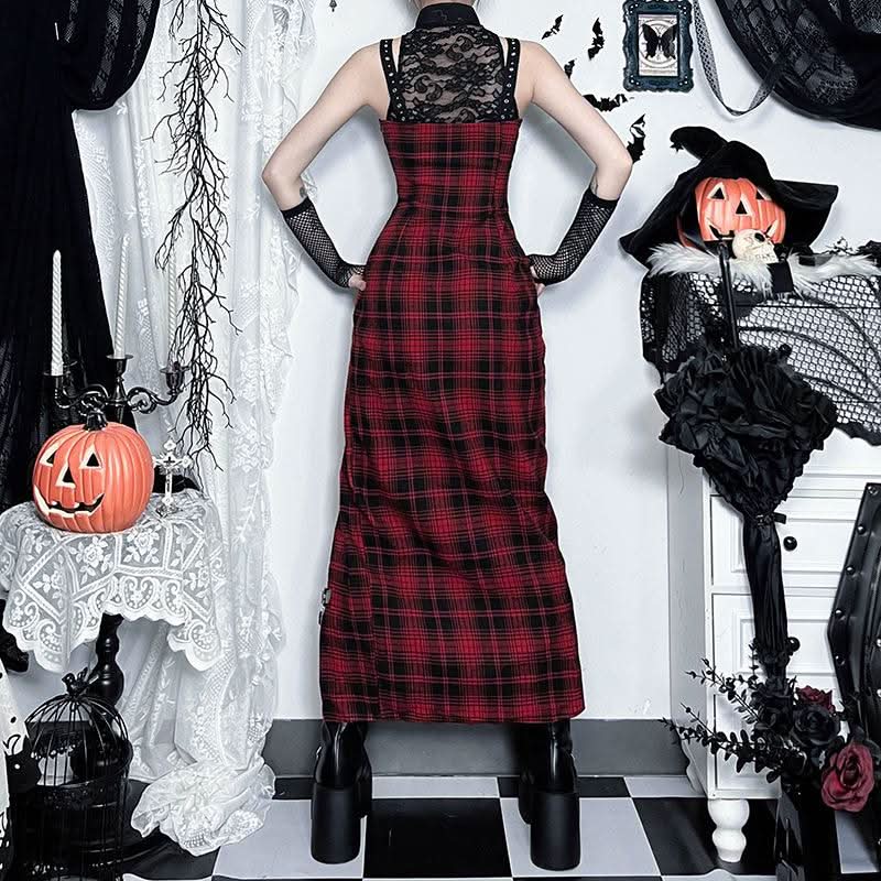 Hollow out plaid print lace up lace slit cut out midi dress