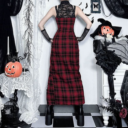 Hollow out plaid print lace up lace slit cut out midi dress