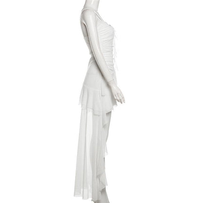 Ruched mesh ruffle sweetheart neck cami maxi dress