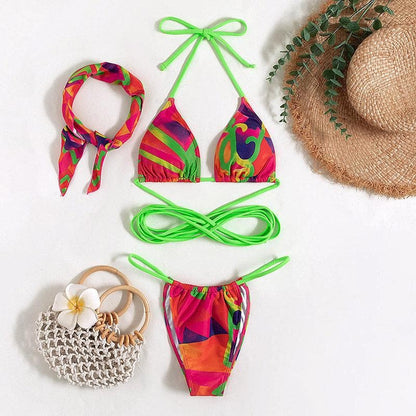 Contrast print self tie halter 3 piece swimwear